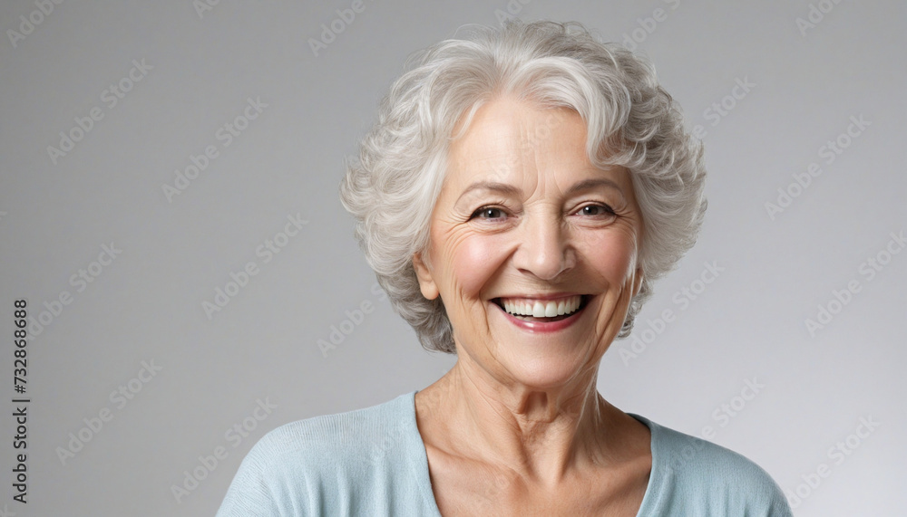 Joyful Elderly Lady with Gradual Hair Color Transition Grinning at the Camera Joyful Elderly Lady with Gradual Hair Color Transition Grinning at the Camera