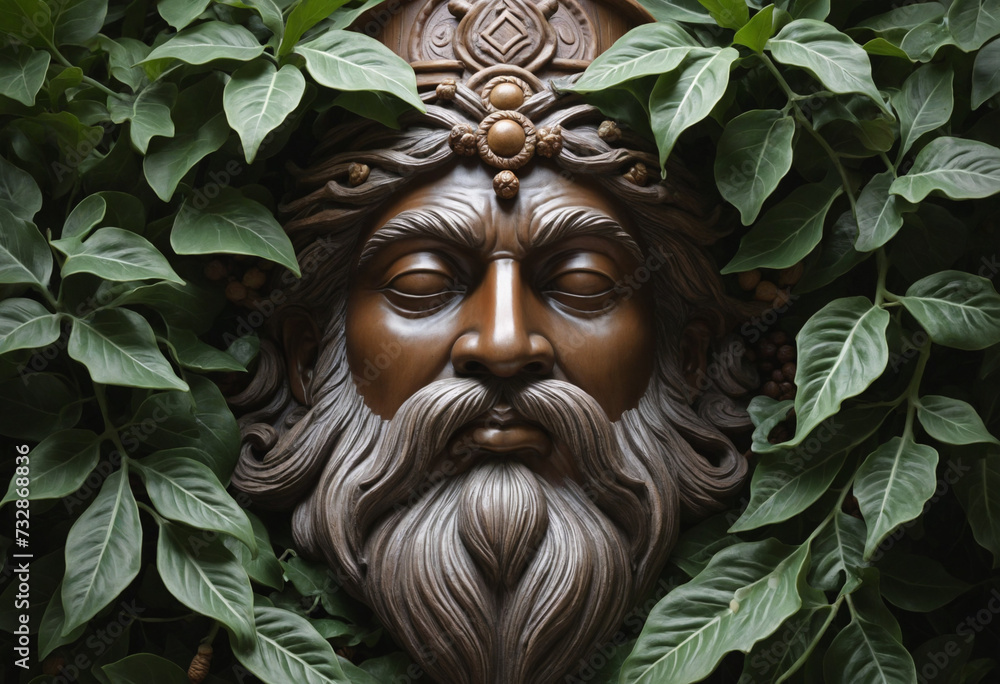 Wooden face of mythologic god surrounded by oak leaves and acorns