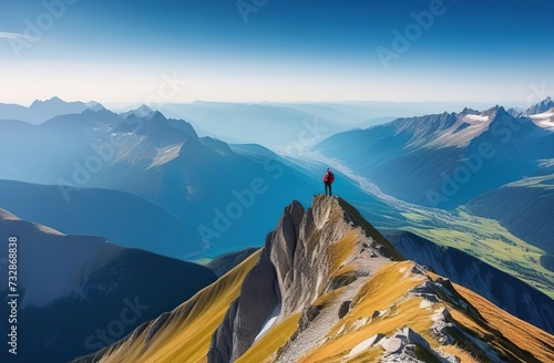 Successful man stand top of alps mountain. Fun adventure. Hiker achieve high rock peak. Travel success freedom motivation concept. Tourist climber go hike enjoy view. Backpacker explore epic journey 