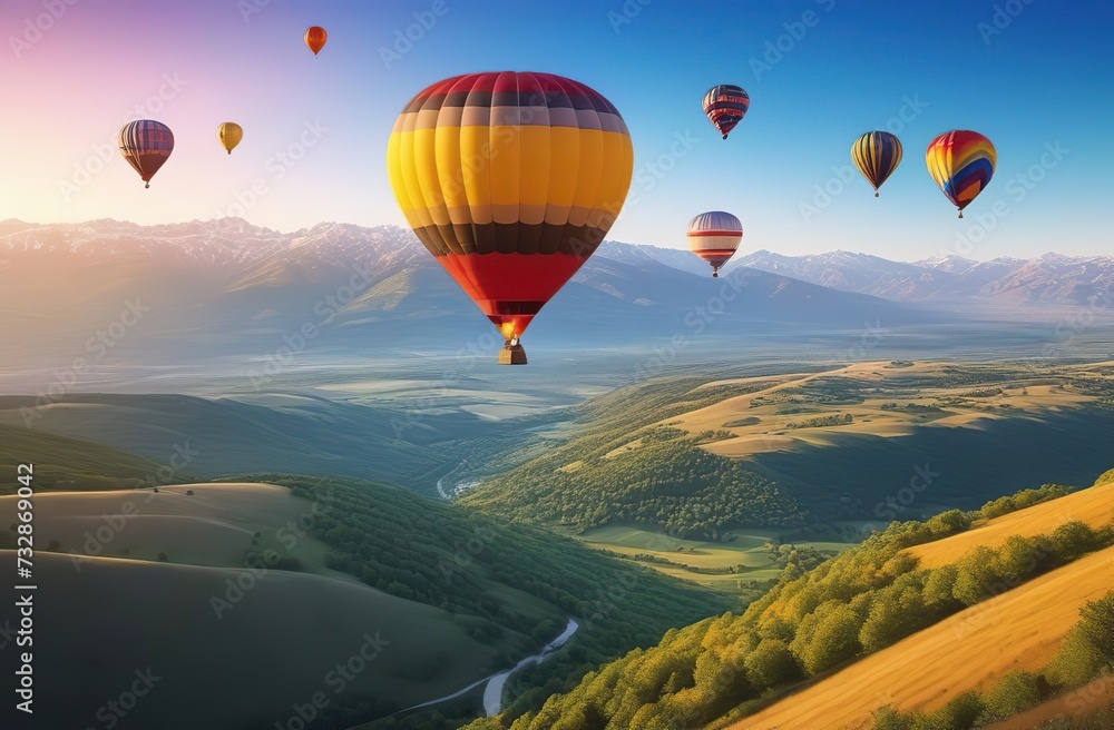 Obraz premium Beautiful hot air balloons flying over sky with sunset view