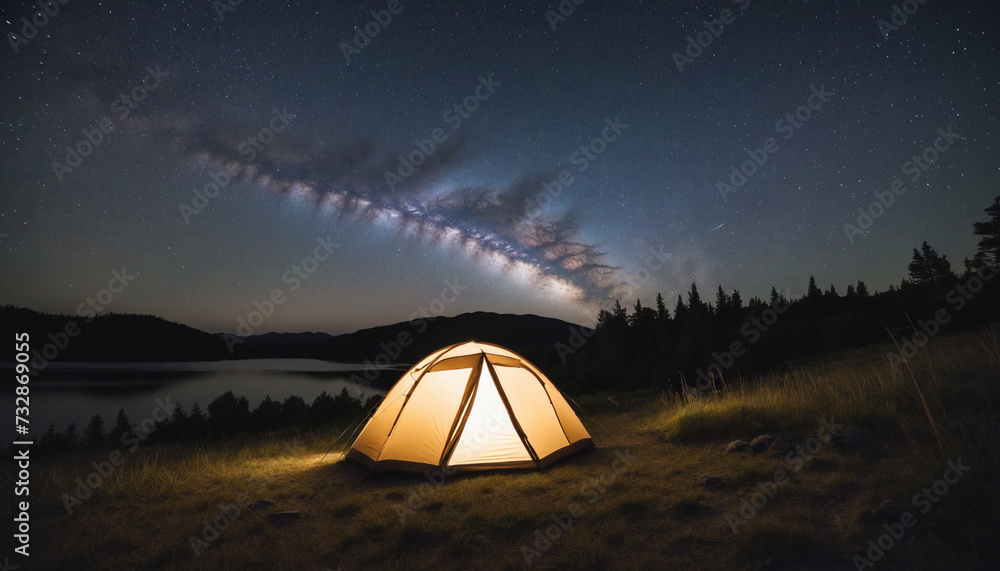 Stargazing in a Milky Way-filled sky while camping in a tent Stargazing in a Milky Way-filled sky while camping in a tent
