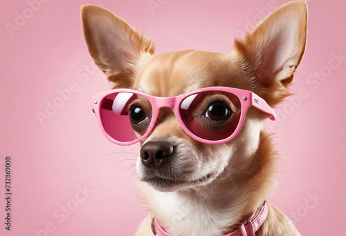 adorable chihuahua wearing pink sunglasses on pink studio background, cute portrait of chihuahua dog