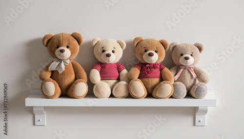 Adorable teddy bears displayed on shelf against neutral backdrop © SR07XC3