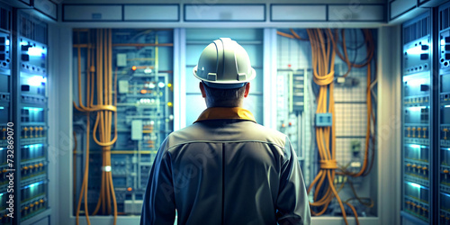 A electrician wearing a uniform works diligently , surrounded by machinery