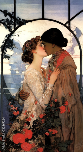 Two women embracing in front of a window with the sea, sky and silhouettes of ships behind it. The women are dressed in medieval fashion, one in an elegant gown and the other in a travelling cloak