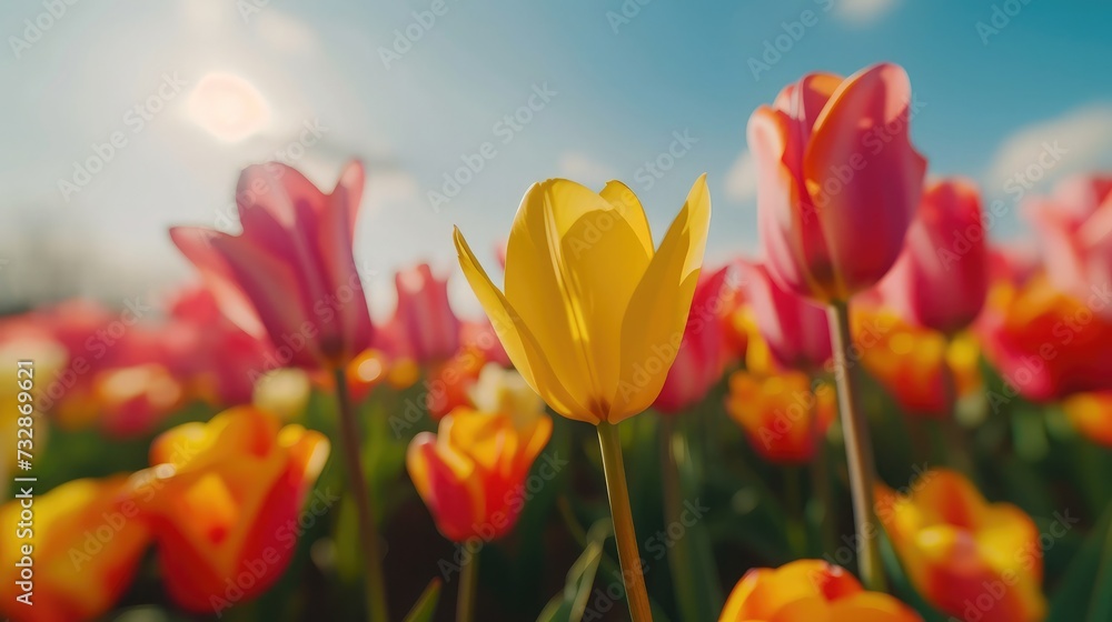 Colourful panoramic spring banner of fresh tulips in vibrant yellow, pink and red growing in a field under a sunny blue sky, closeup of the fragile petals