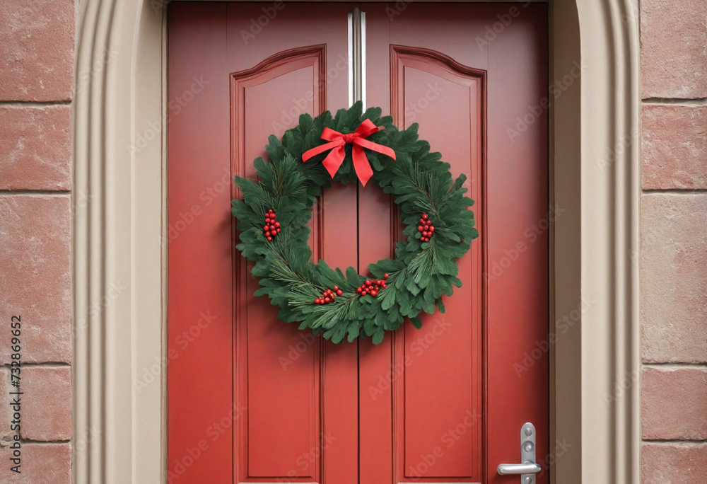 Festively decorated ornate door with pinecone wreath Festively decorated ornate door with pinecone wreath