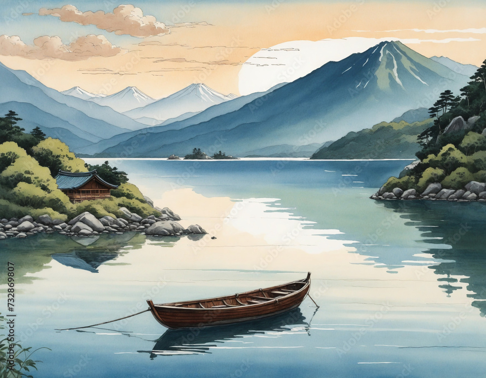 Sketchbook drawing of a Japanese landscape with lake, mountains, and boat