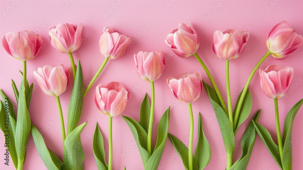 Fototapeta premium Pink tulips flowers on pink background. Waiting for spring. Happy Easter card. Flat lay, top view