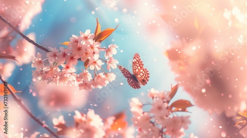 pring banner, branches of blossoming cherry against background of blue sky and butterflies on nature outdoors. Pink sakura flowers, dreamy romantic image spring, landscape panorama, copy space.