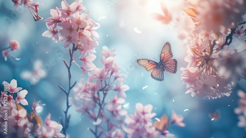 pring banner, branches of blossoming cherry against background of blue sky and butterflies on nature outdoors. Pink sakura flowers, dreamy romantic image spring, landscape panorama, copy space. photo