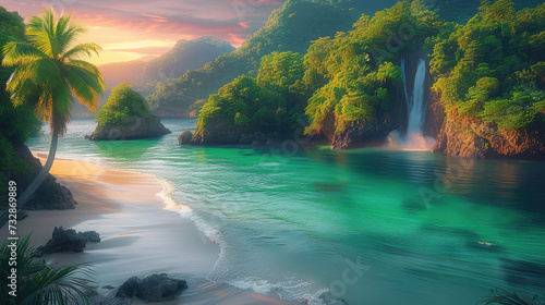 A majestic waterfall cascades into the crystal blue waters below  surrounded by lush trees and vibrant plants  as the sun sets over the tranquil beach