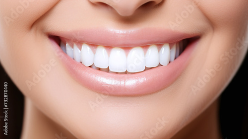 Close up of beautiful teeth of smiling women after teeth whitening procedure.