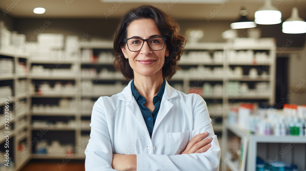 Smiling middle aged female pharmacist in a pharmacy clinic standing with crossed arms, looking at camera.