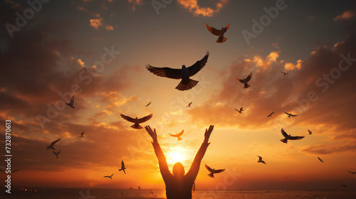Silhoutte of human hands release bird to the sky during sunset