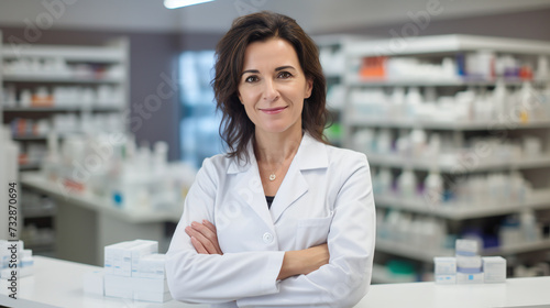 Smiling middle aged female pharmacist in a pharmacy clinic standing with crossed arms, looking at camera.