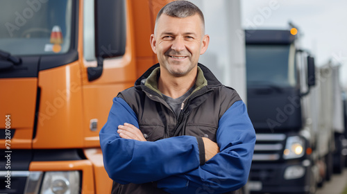 Smiling truck driver standing with crossed arms, looking at camera. background of his truck