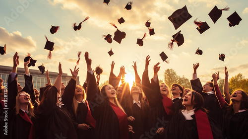 Students throwing graduation hats in the air celebrating.