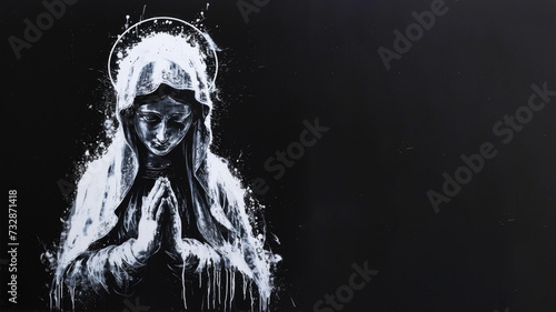 A white ink watercolor painting of the virgin maria isolated on black background