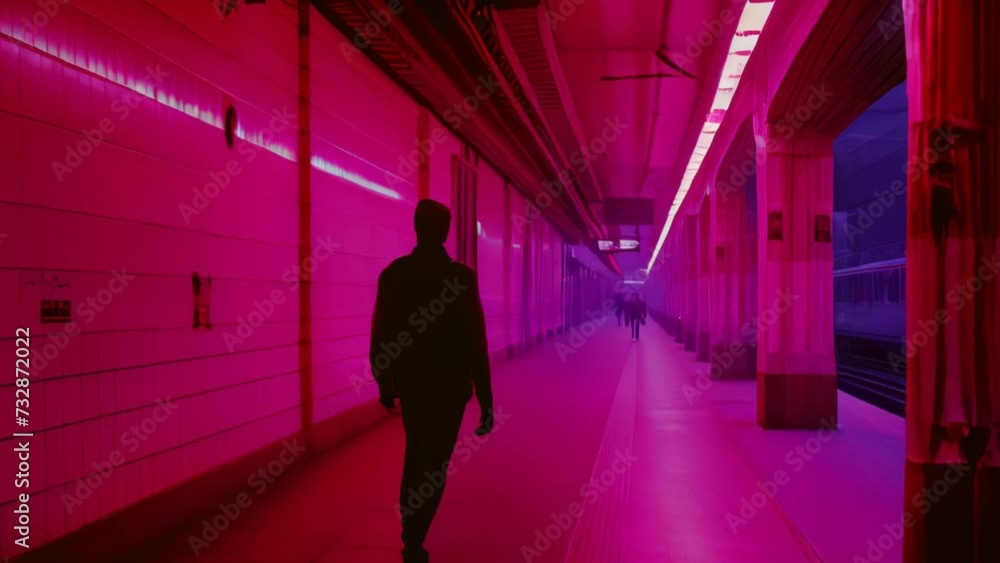 Rear view of a person walking down a corridor illuminated by red neon lights, a snapshot of a futuristic city
Rear view of a person walking down a corridor illuminated by red neon lights, a snapshot of a futuristic city