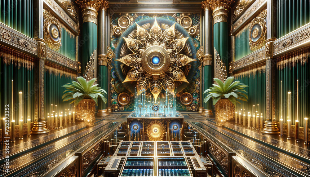 Fototapeta premium Futuristic server room with vibrant maximalist decor and intricate details.