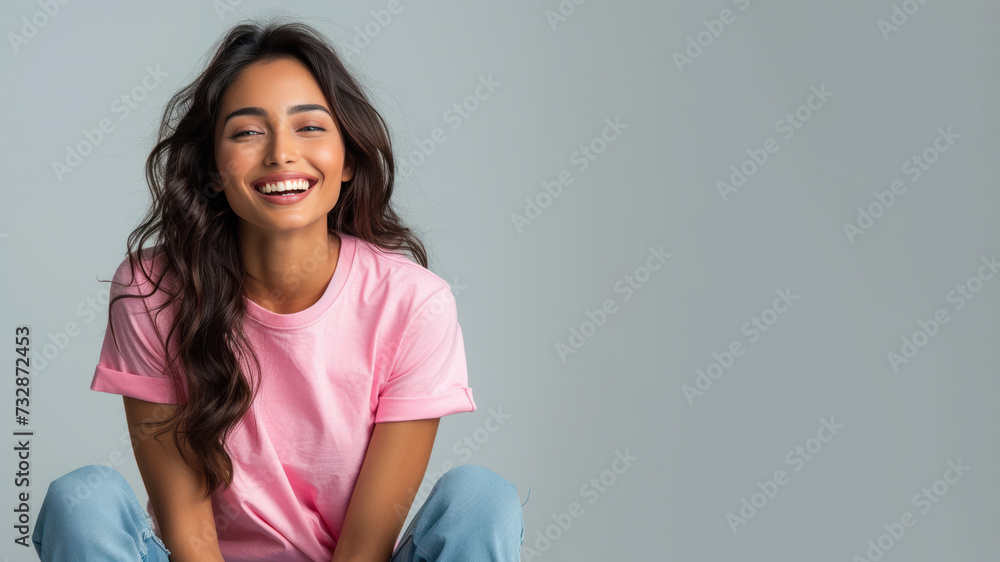 Fototapeta premium Indian woman wear pink casual t-shirt smile isolated