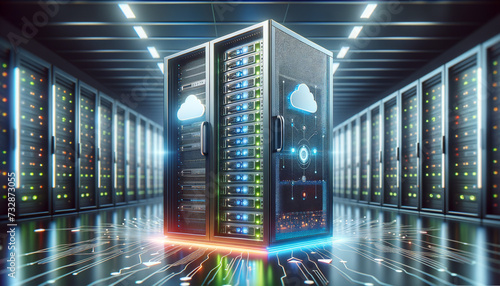 High-Tech Server Rack with Vibrant LED Lights Symbolizing Cloud Repatriation