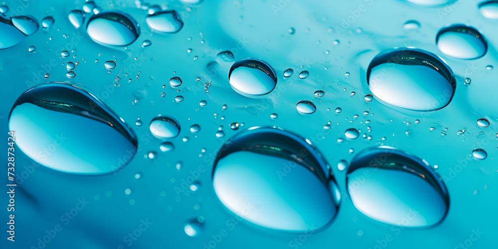 drops of water, Soft blue morning dew background with small water drop, Soft blue morning dew background with small water drops, Water drops on a blue surface, Generative AI