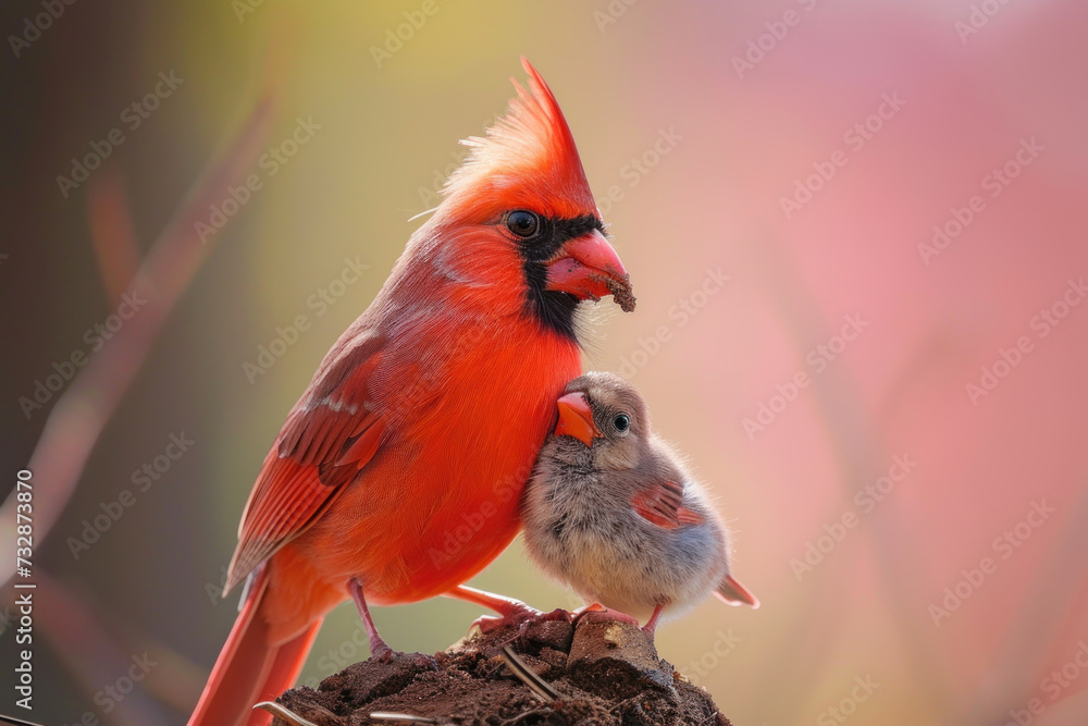 A Northern Cardinal with her cub, mother love and care in wildlife scene A Northern Cardinal with her cub, mother love and care in wildlife scene