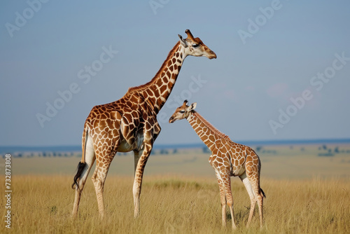 A giraffe with her cub, mother love and care in wildlife scene © Aris