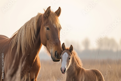 A horse with her cub, mother love and care in wildlife scene