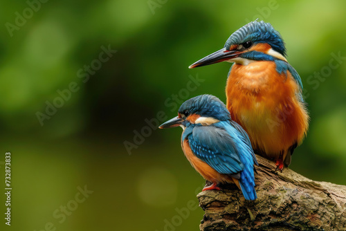 A kingfisher with her cub, mother love and care in wildlife scene