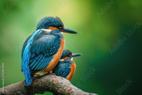 A kingfisher with her cub, mother love and care in wildlife scene