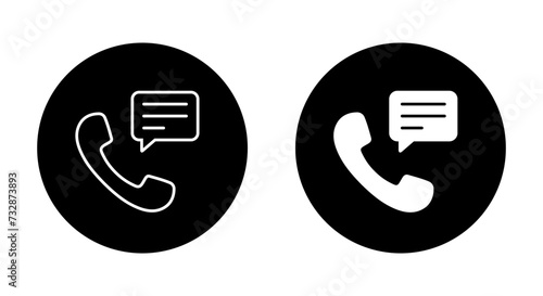 Phone call with speech bubble icon on black circle. Handset with chat bubble vector