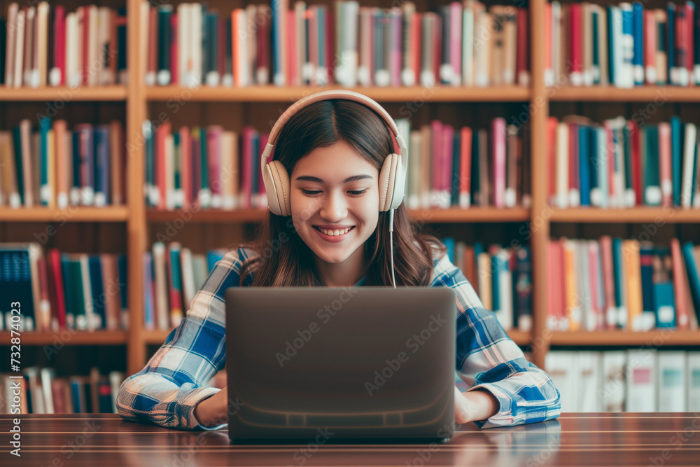 Happy Student with Headphones on Studying Happy Student with Headphones on Studying
