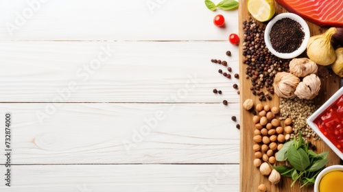 Healthy food. Salmon fish, beans, nuts and vegetables on white wooden table. Top view with copy space. AI Generated