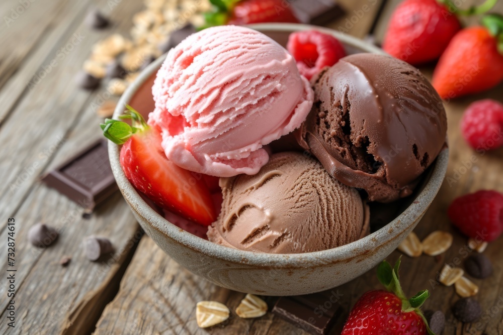 Ice cream with strawberries in ceramic bowl, wooden table Ice cream with strawberries in ceramic bowl, wooden table