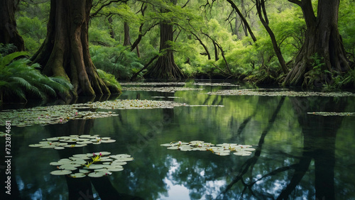 A tranquil pond nestled among tall  ancient trees  their branches stretching out like reaching fingers and In the midst of this serene scene  a single spring flower bursts with vibrant color  contrast