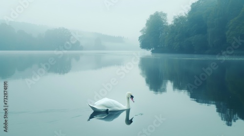 Serene Lake with Gliding Swan and Reflecting Feathers AI Generated.