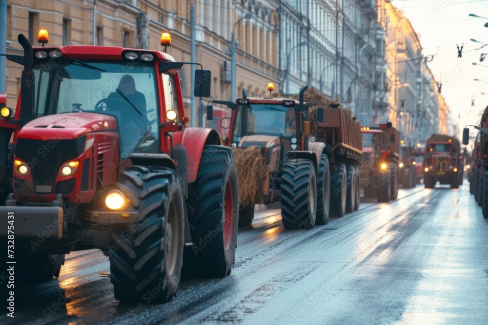 Fototapeta premium Tractors lined up on a city street in a peaceful protest for agricultural rights