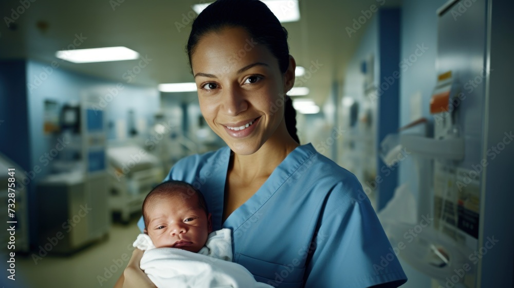Nurse  gently carries a day-old infant, newborn baby, at a maternity ward of a hospital.