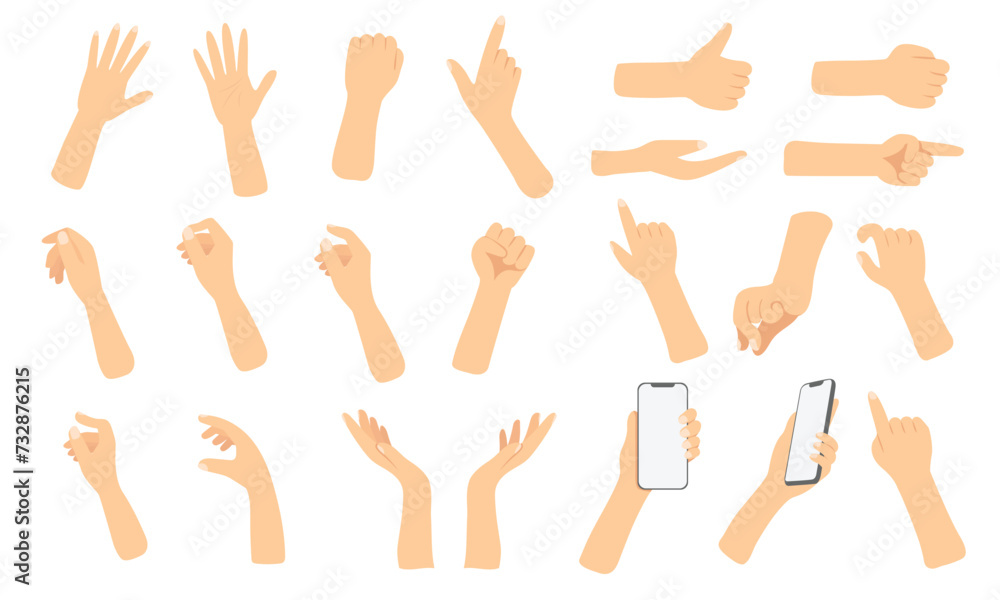 Hands pose, Hand holding mobile phone, palm pointing at something on white background. vector set in flat style isolated. - obrazy, fototapety, plakaty 