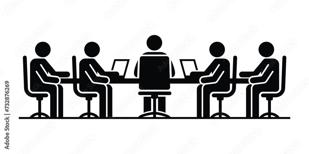 Business meeting icon. People sitting at table with laptops in office. Vector illustration Business meeting icon. People sitting at table with laptops in office. Vector illustration