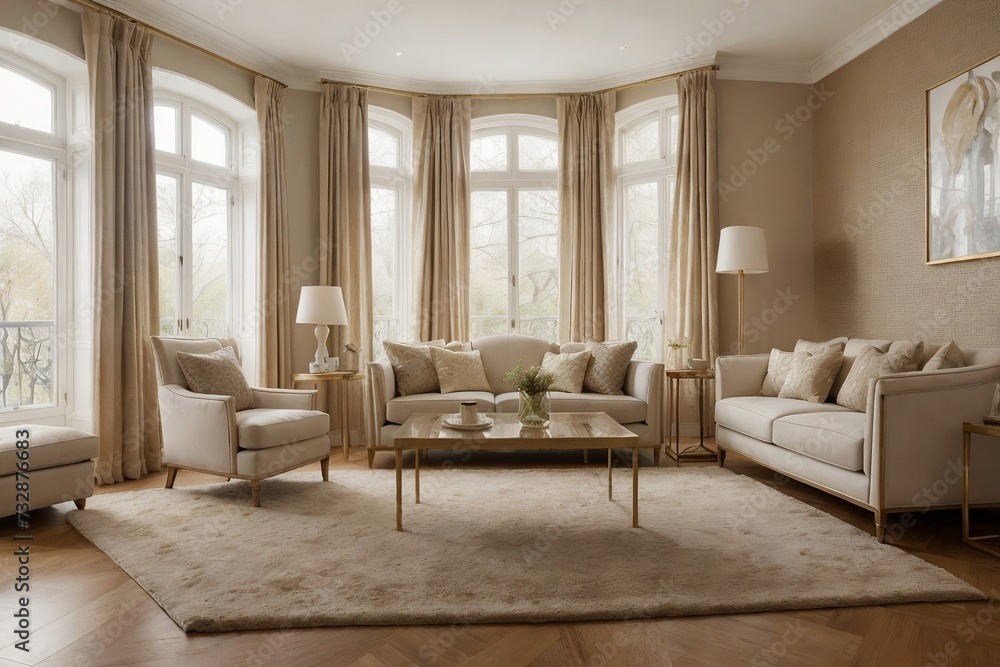 Fototapeta premium Luxurious cozy living room interior design with chic soft beige furniture, golden table, wooden floor, and huge window.