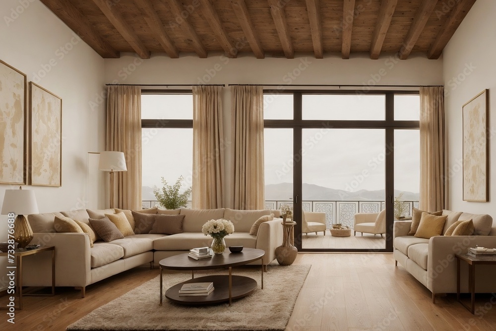 Luxurious cozy living room interior design with chic soft beige furniture, golden table, wooden floor, and huge window. Luxurious cozy living room interior design with chic soft beige furniture, golden table, wooden floor, and huge window.