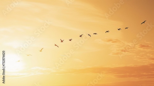 Spectacular V Formation of Migrating Birds Against Sunset Sky AI Generated.