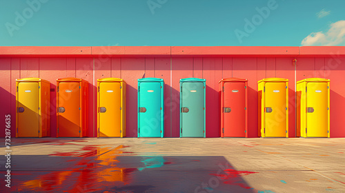 Colorful porta-potties - portable bathrooms - mobile bathrooms - vibrant colors - concert - festibal - special event photo