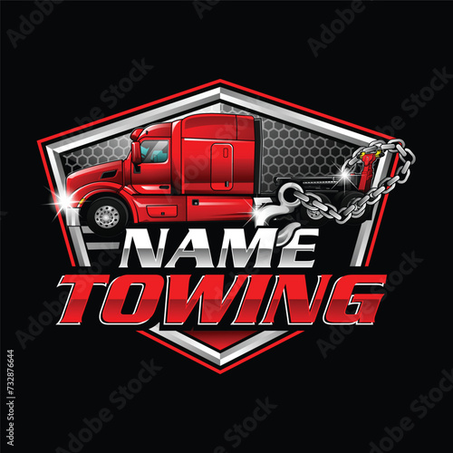 Towing truck service logo design. Wrecker and towing truck service illustration logo vector  