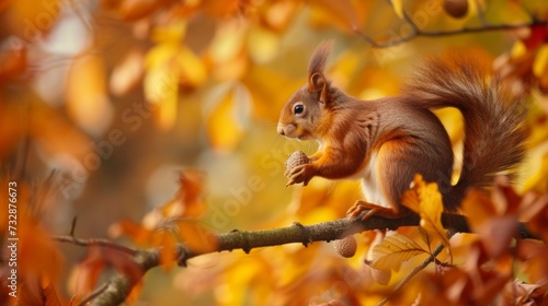 Curious Squirrel Holding Acorn in Autumn Forest AI Generated.