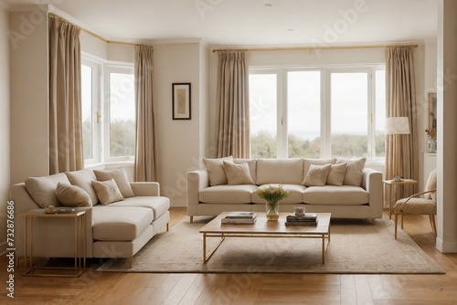 Luxurious cozy living room interior design with chic soft beige furniture   golden table  wooden floor  and huge window.